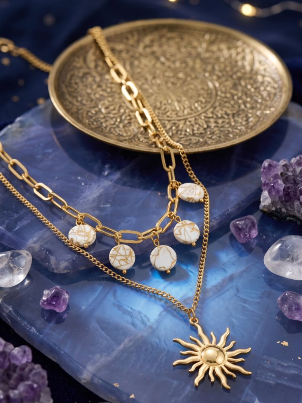 18K Gold Plated Stainless Steel Layered Celestial Sun Pendant Necklace 20"